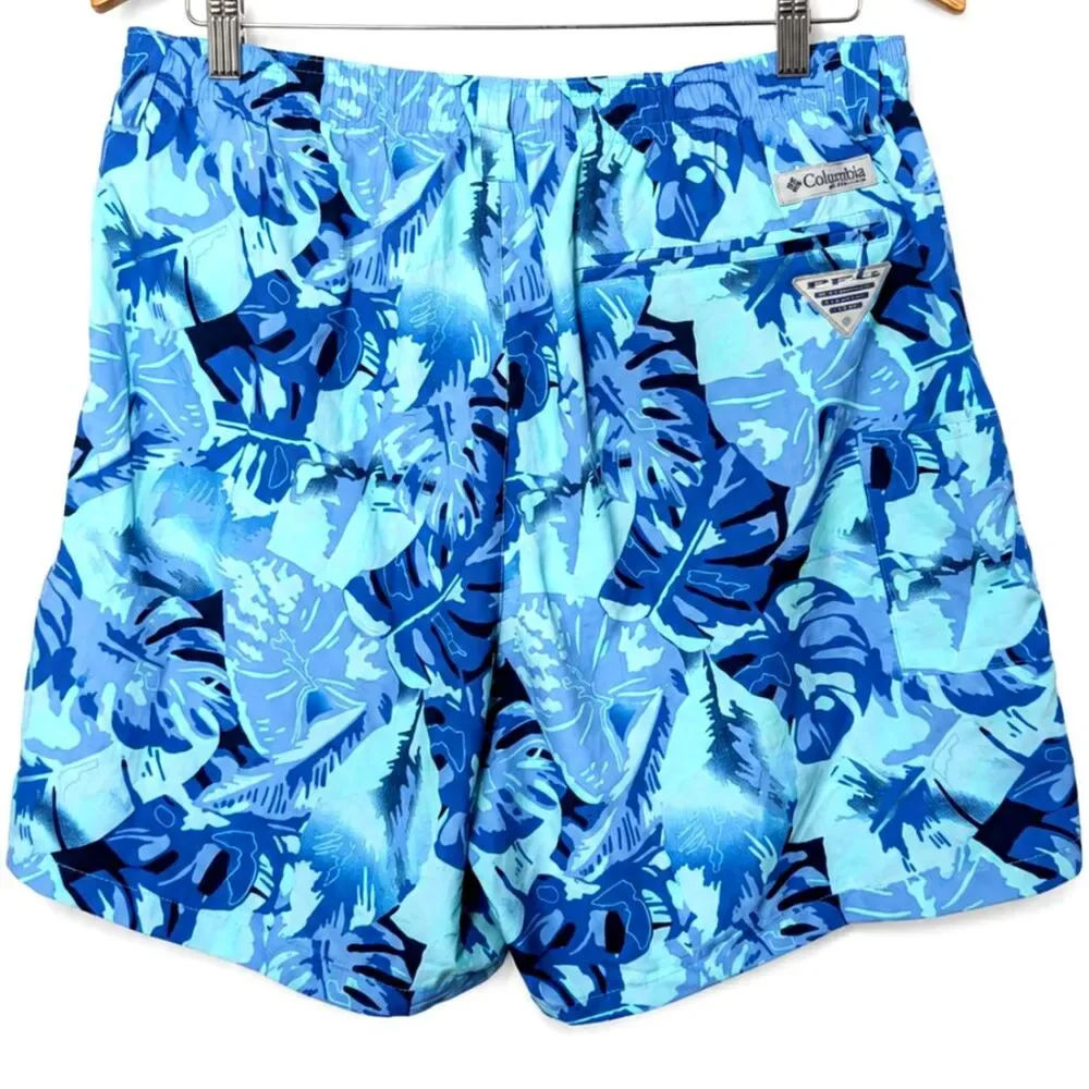 Columbia PFG Blue Tropical Leaf Print Swim Trunks Medium Omni-Shade Mesh Lined